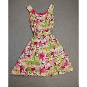 VTG K Petite Women Pink Coastal Riviera 90s Rayon Linen Fit & Flare Dress 4P
